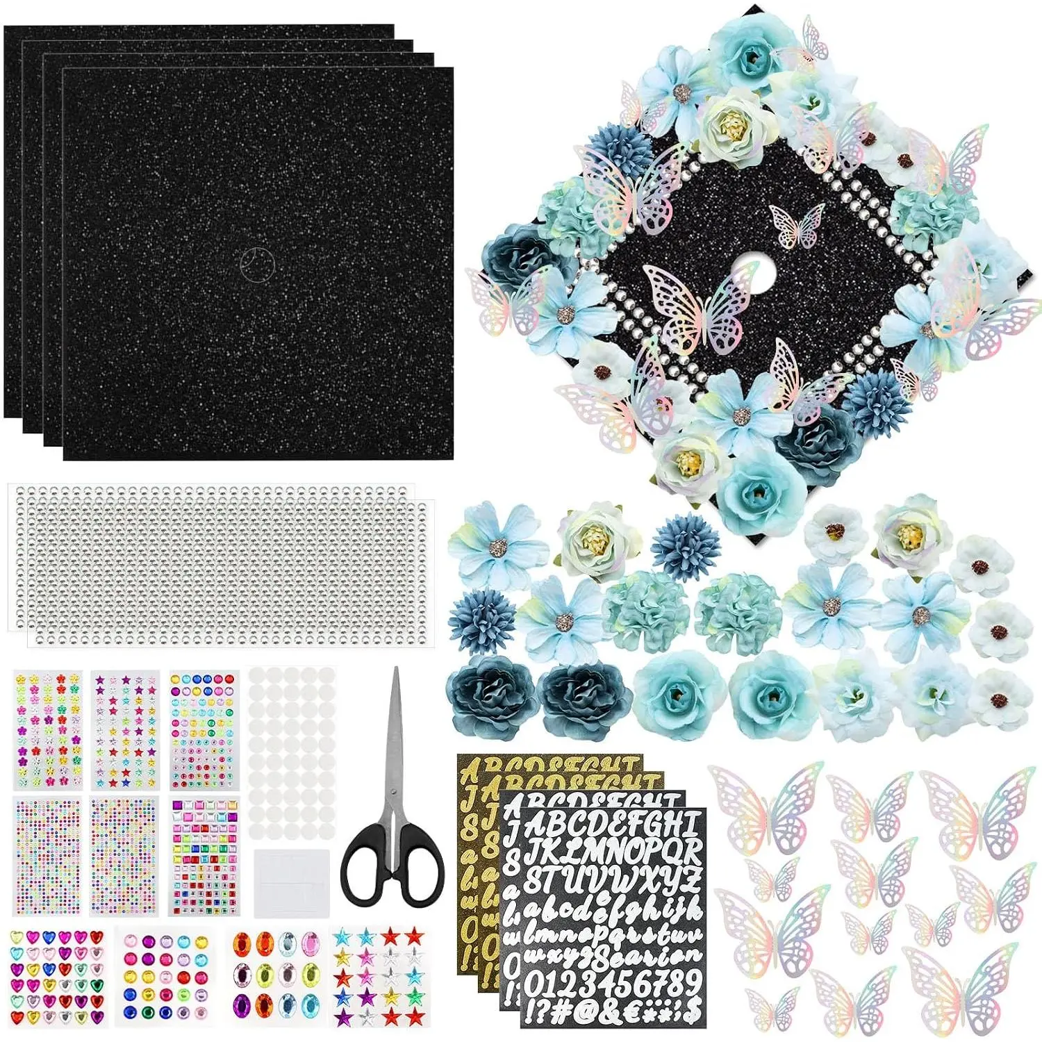 Modern DIY Craft Decoration Kit, Crafting Hat Topper Supplies with Glitter Paper, Butterflies, Rhinestones, Letter Number Stickers for Grad Cap Projects
