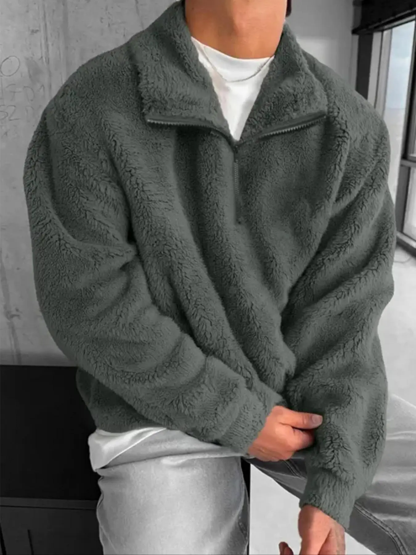 Men's Oversized Sherpa Fleece Pullover - Aesthetic Cream High Neck Jumper with Embroidered Graphic | Unisex Cozy Winter Streetwear Sweatshirt | Heavyweight Fall Layering College Outfit Must Have |