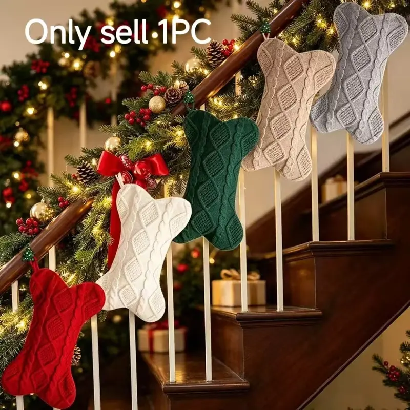 1 piece of creative cartoon knitted bone Christmas stocking in cute style, soft and comfortable, easy to hang, suitable for home, bedroom, fireplace, window, and mall decoration, ideal as a reward or gift for children