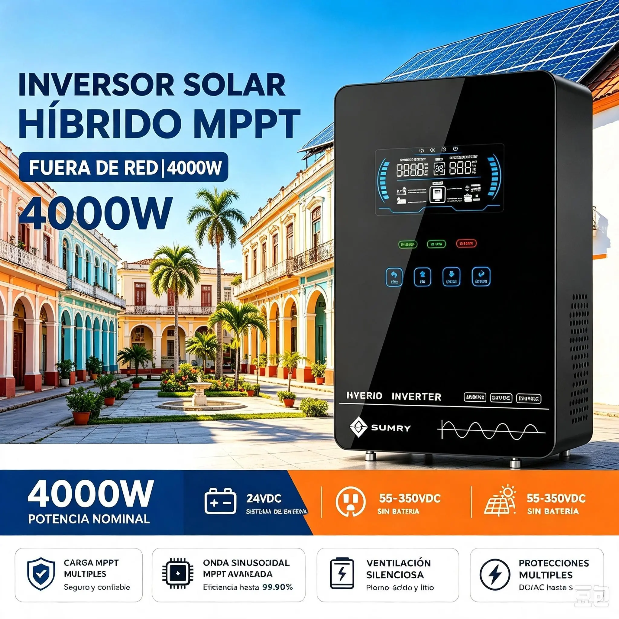 SUMRY Inversor Híbrido Off-Grid 4000W 24V, Onda Sinusoidal Pura, Cargador Solar MPPT 140A, 5600W, Pantalla LCD 6.25", Controlador Solar Inteligente, Entrada PV, Inversor de Energía Solar
