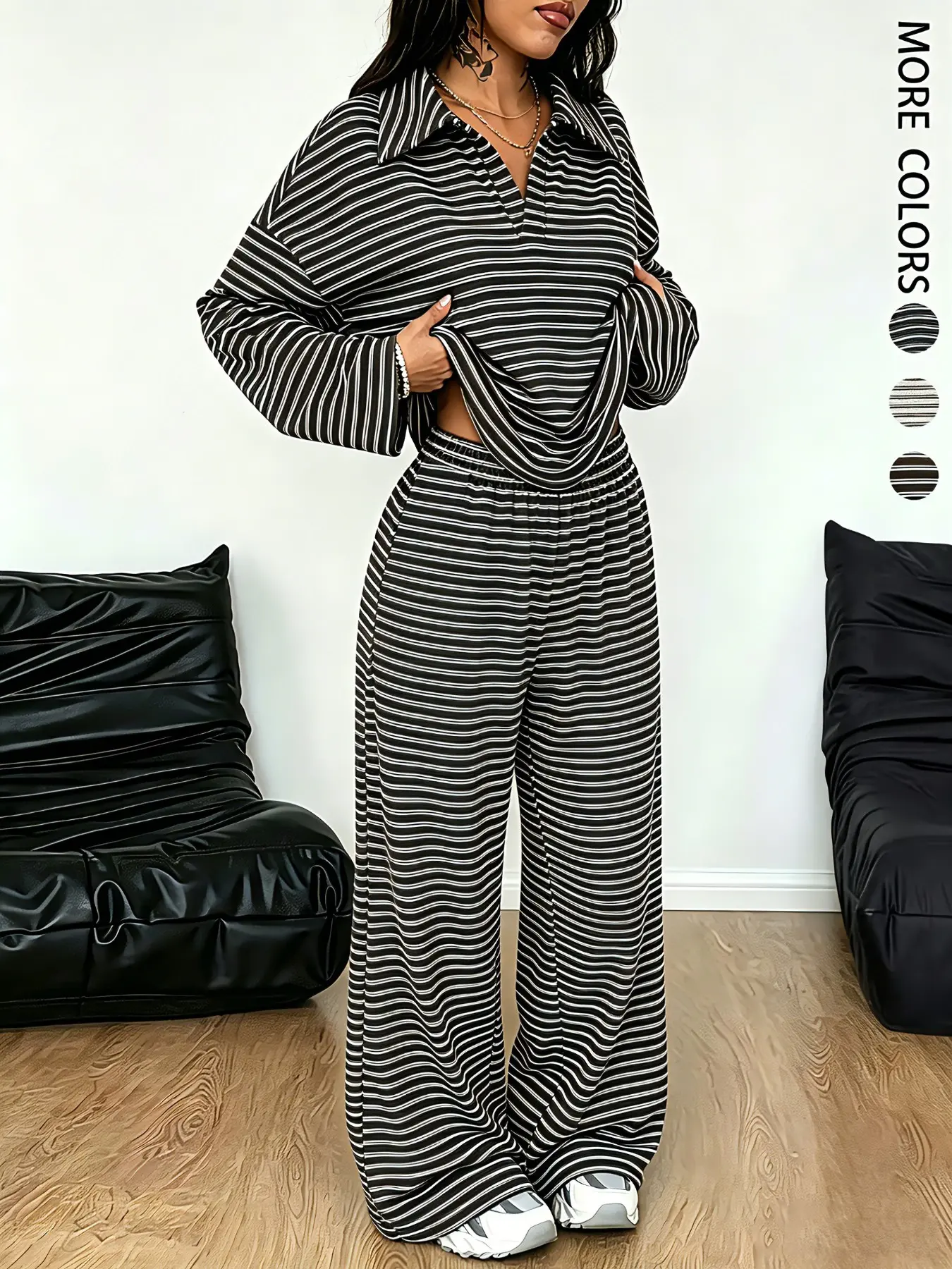 Women's V-neck Long-sleeve Striped top & wide-leg pants two-piece set, Clothes, basic style. Casual oversized Baggy Y2K outfit for spring and autumn, soft and comfy. Perfect for daily wear, commuting, dates, outings