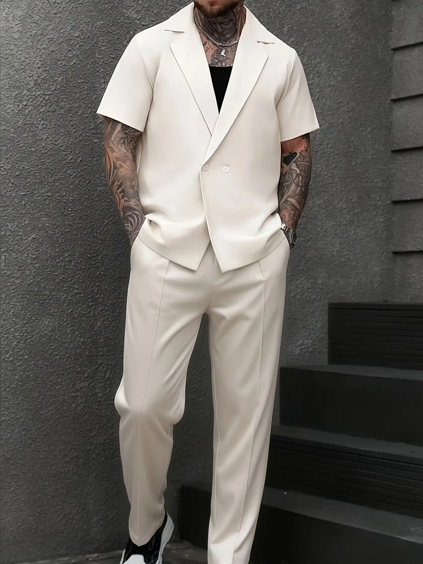 Men's Short Sleeve Blazer Set, Casual Plain Color, European Style, Office Wear, Two-Piece Suit, Trendy, All Seasons