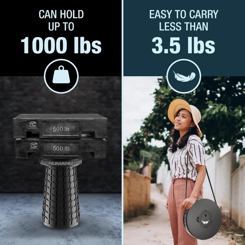 NUMANU XXL 19.7" Wider & Taller Collapsible Stool, 1000lbs Max Weight, Adjustable Height, 2026 Upgraded Portable Retractable Folding Seat, Heavy Duty Compact Seat or Foldable Travel Foot Rest, Outdoor Camping Chair, Foldable Seat.