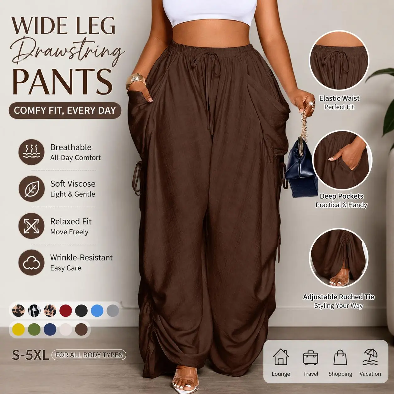 Women's Casual Baggy Oversized Wide Leg Pants - Viscose All-Season Woven Fabric, Adjustable Long Plain Bottom, Ideal for Daily Commute & Vacation Wear, Bottoms, Basic, Breathable, Elastic