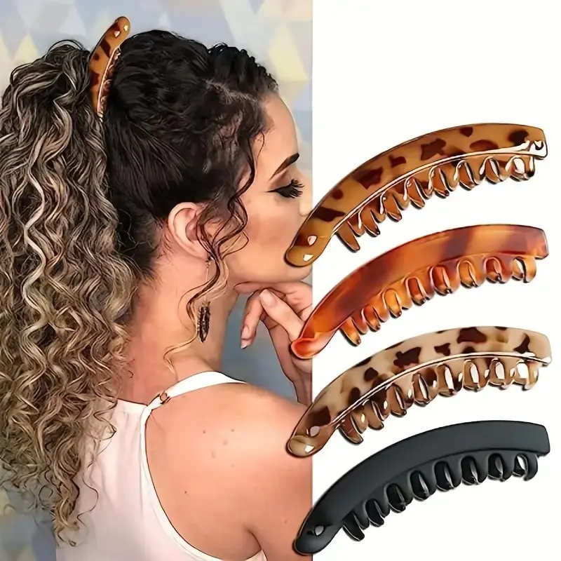 Tortoiseshell Banana Hair Clips (4-Pack) - Non-slip Teeth, Strong Hold for Thick Curly Hair, Ideal for High Ponytails, Casual Hairstyling, Banana Hair Clip