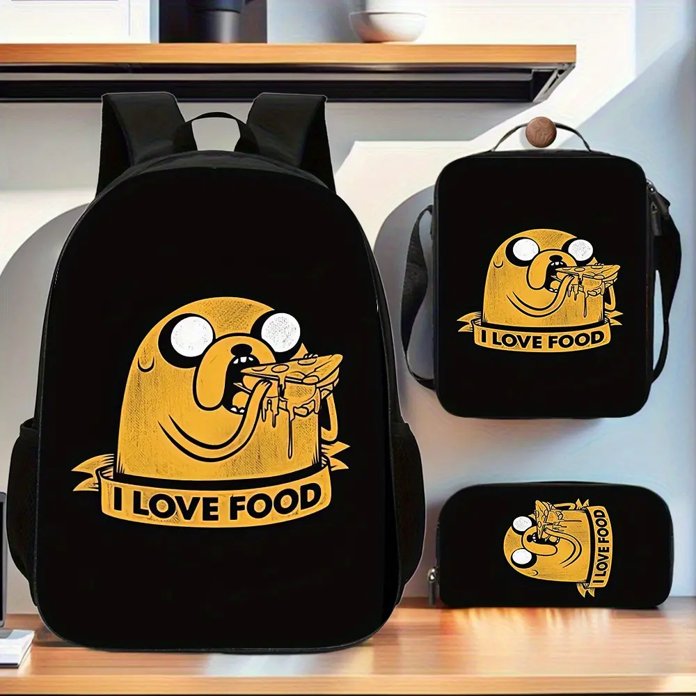 Adventure Time's Jake loves food and this black and yellow three-piece school bag set includes a backpack, insulated lunch bag, and stationery storage bag, suitable for daily use by teenagers