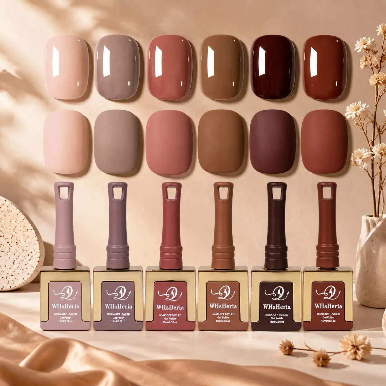 WHSHERIA Brown Nude Gel Nail Polish Set, 6 Colors Autumn Collection with Mocha, Coffee & Chocolate Brown Shades, UV LED Soak Off Nail Gel Kit, Glossy Long Lasting Finish, Professional Salon Quality DIY Manicure Nail Art Gift Set for Women