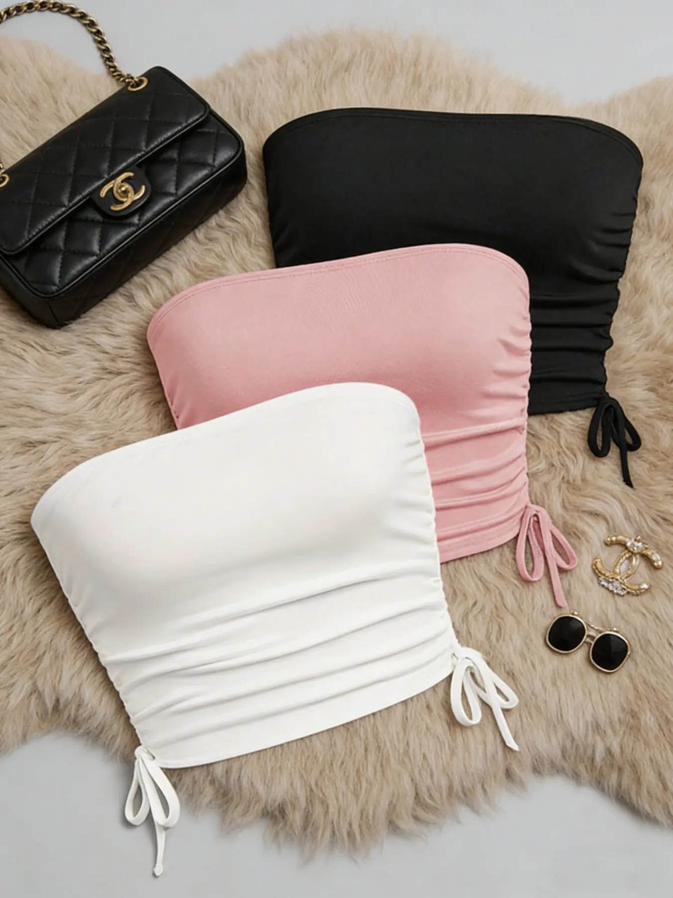 Women's Solid Ruched Drawstring Crop Tube Top, Casual Sleeveless Strapless Top for Summer, Ladies Clothes for Daily Wear, Drawstring Sleeveless Tank