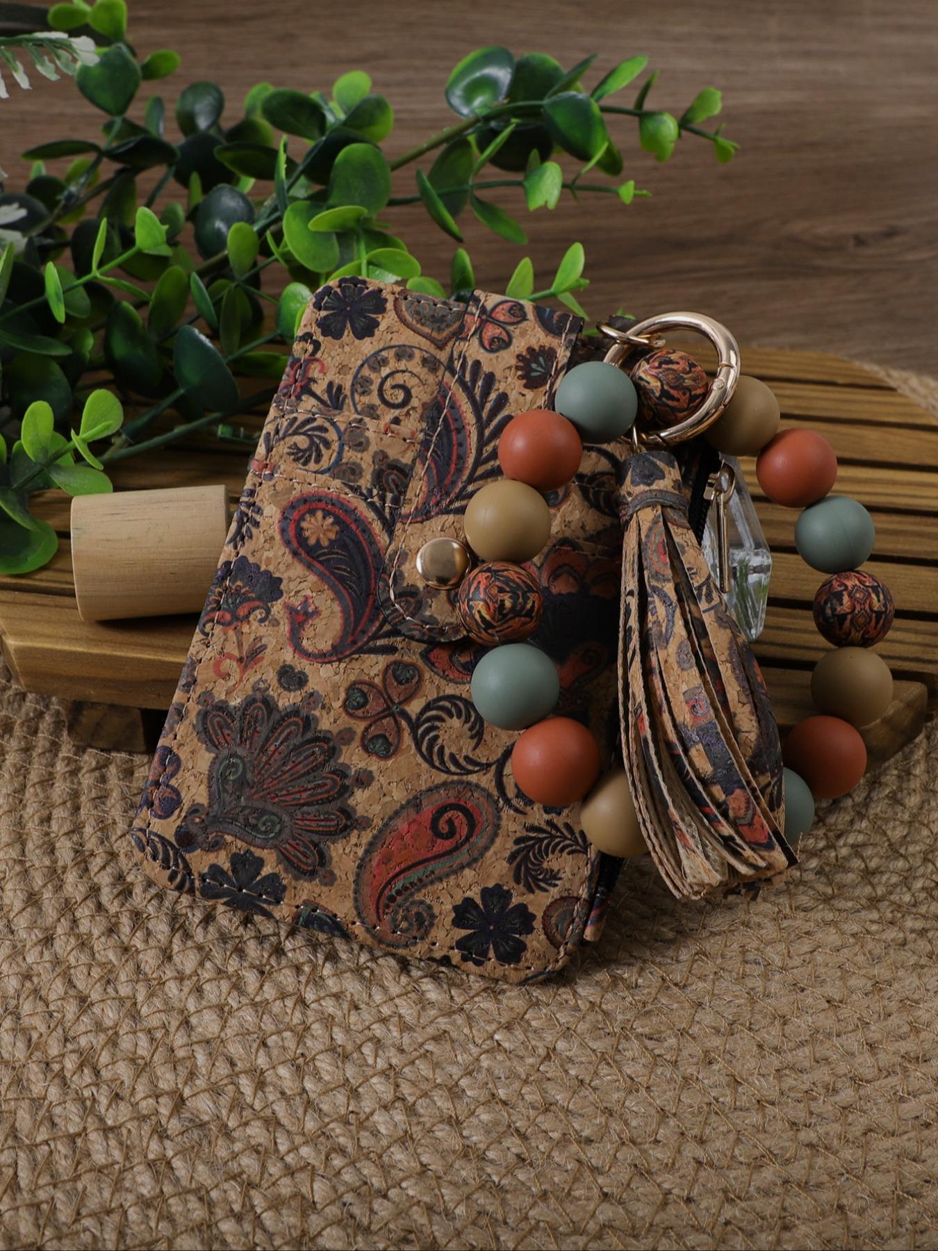 Vintage Boho Style Keychain, Stylish Keychain, Trendy Cute Keychain, Floral & Geometric Pattern Beaded Keychain with Card Holder Set for Women & Girls, Lightweight Keychain, Fashion Accessories for Daily Use