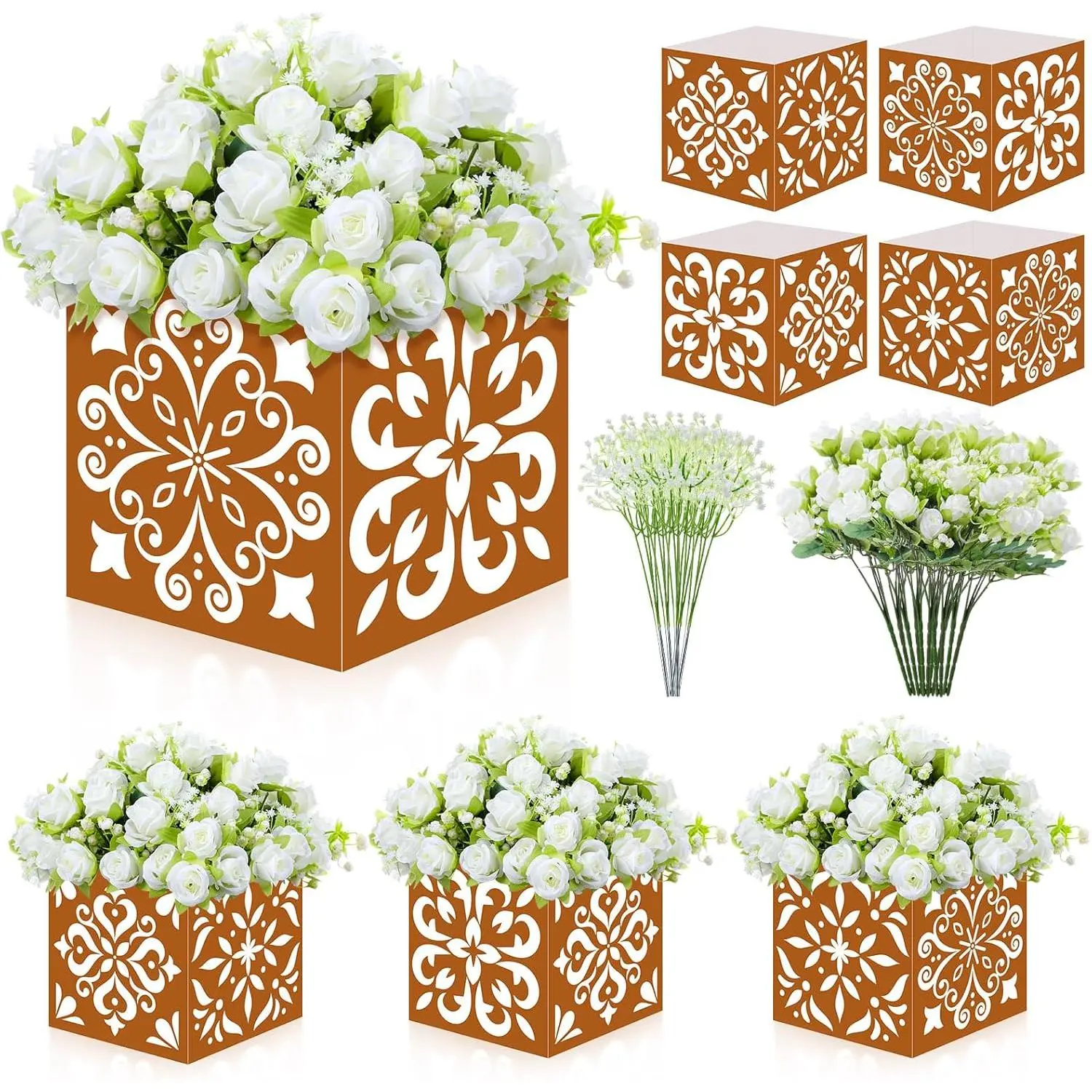 Pajean 4-Set Cielito Lindo Party Decoration Kit - 4 Square Paper Mexican Flower Boxes with 52 Artificial Flowers, Floral Arrangement Centrepieces for Baby Shower, Papel Picado Talavera Events (Classic Brown), Centerpiece