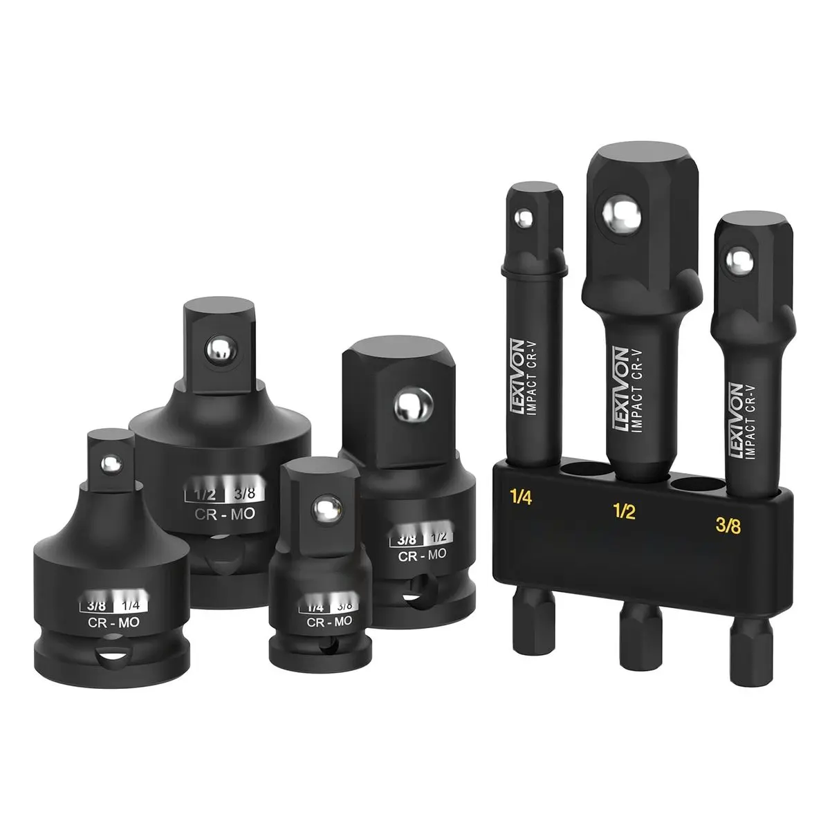 7-Piece Impact Socket Adapter Combo Kit - Increaser, Reducer, Extension Set with 1/4 to 3/8 to 1/2 Inch Drive Conversions and Rust Protection Coating, Impact Combo