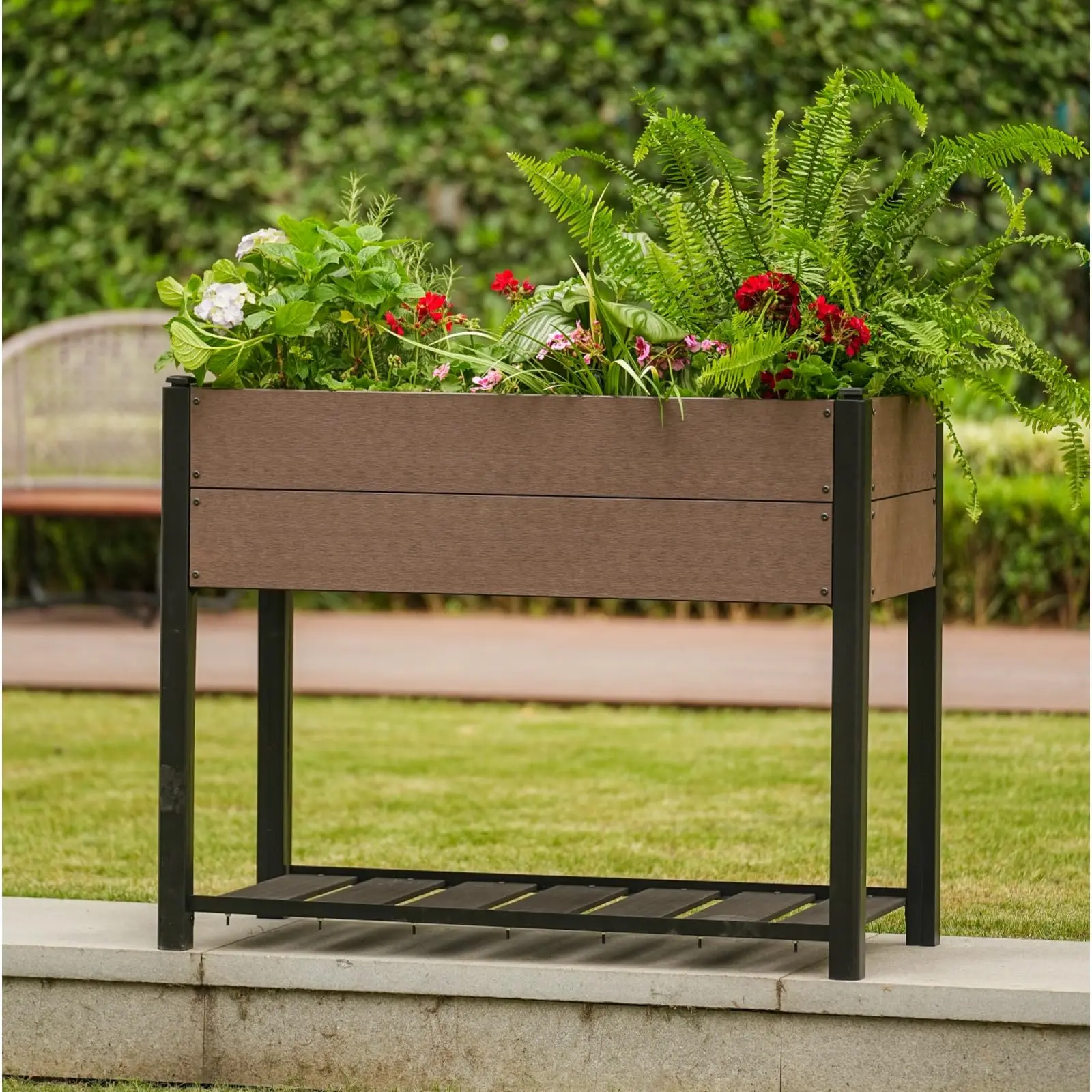 GARVEE Single Unit HDPE Plastic Rectangular Raised Garden Bed - 42.91"x19.29"x33.46", Sturdy Aluminum Frame, Storage Shelf, All-Weather Elevated Planter for Vegetable Growers on Patio, Balcony, Rectangular Box