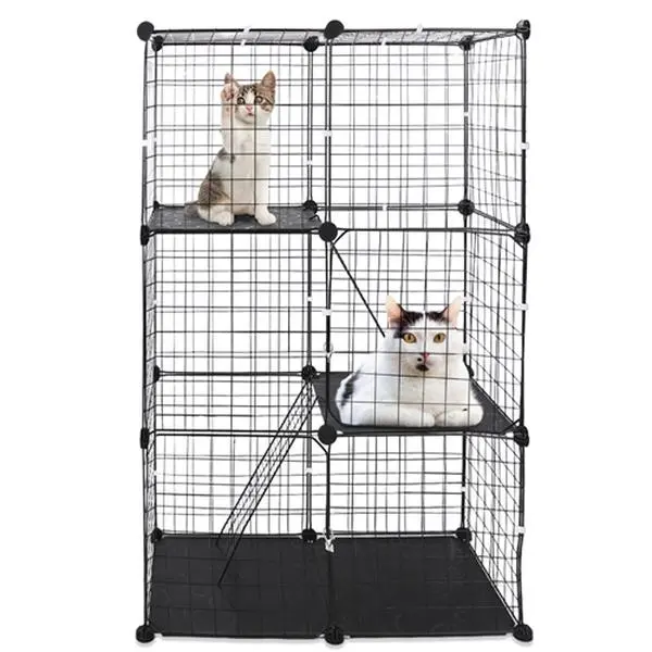 3 Tier Detachable Metal Cat Playpen Cage, Large Indoor Cat House with 3 Doors & 2 Ladders for 1-2 Cats Black-4432