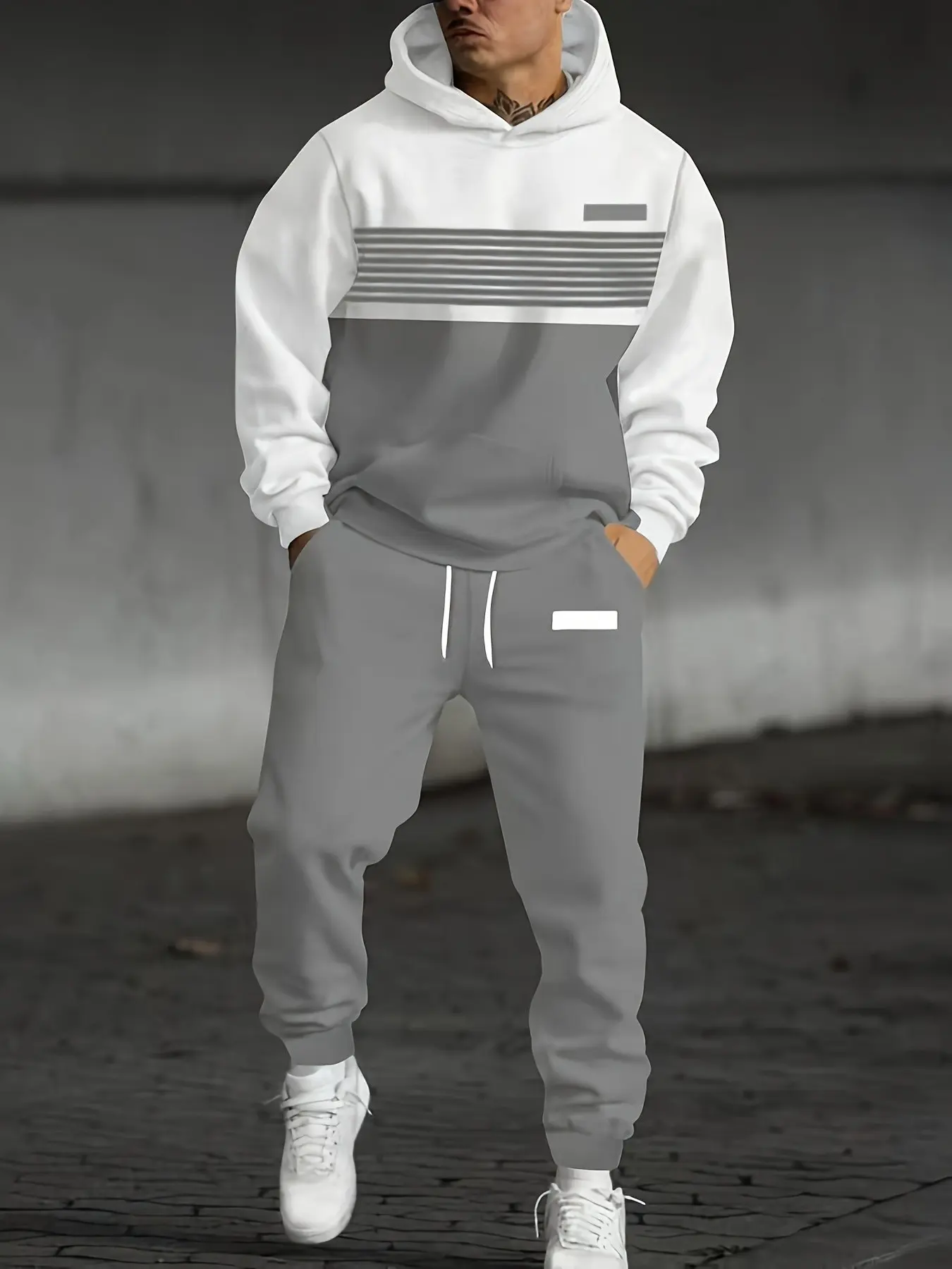 Men's Fall Winter Colorblock Square Print Hoodie Set, Casual Loose-Fitting Sweatshirt and Joggers, Fashion Daily Wear Two-Piece