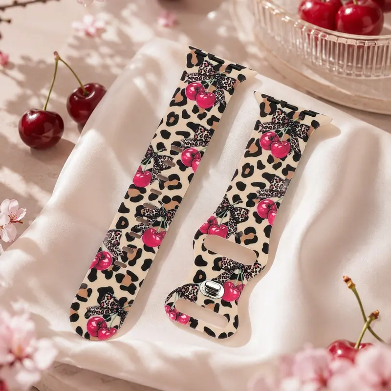 Classic leopard print and cherry print silicone Apple Watch bands, Smartwatch replacement straps, compatible with Apple Watch Series 12 through 1 and SE, versatile, soft, and comfortable fit