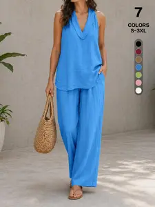 Y2K Vacation 2-Piece Casual Womenswear, Sexy Halter Backless Top, Loose Pocket Pants Set, Trendy Chic Summer Fashion, Comfortable and Stylish