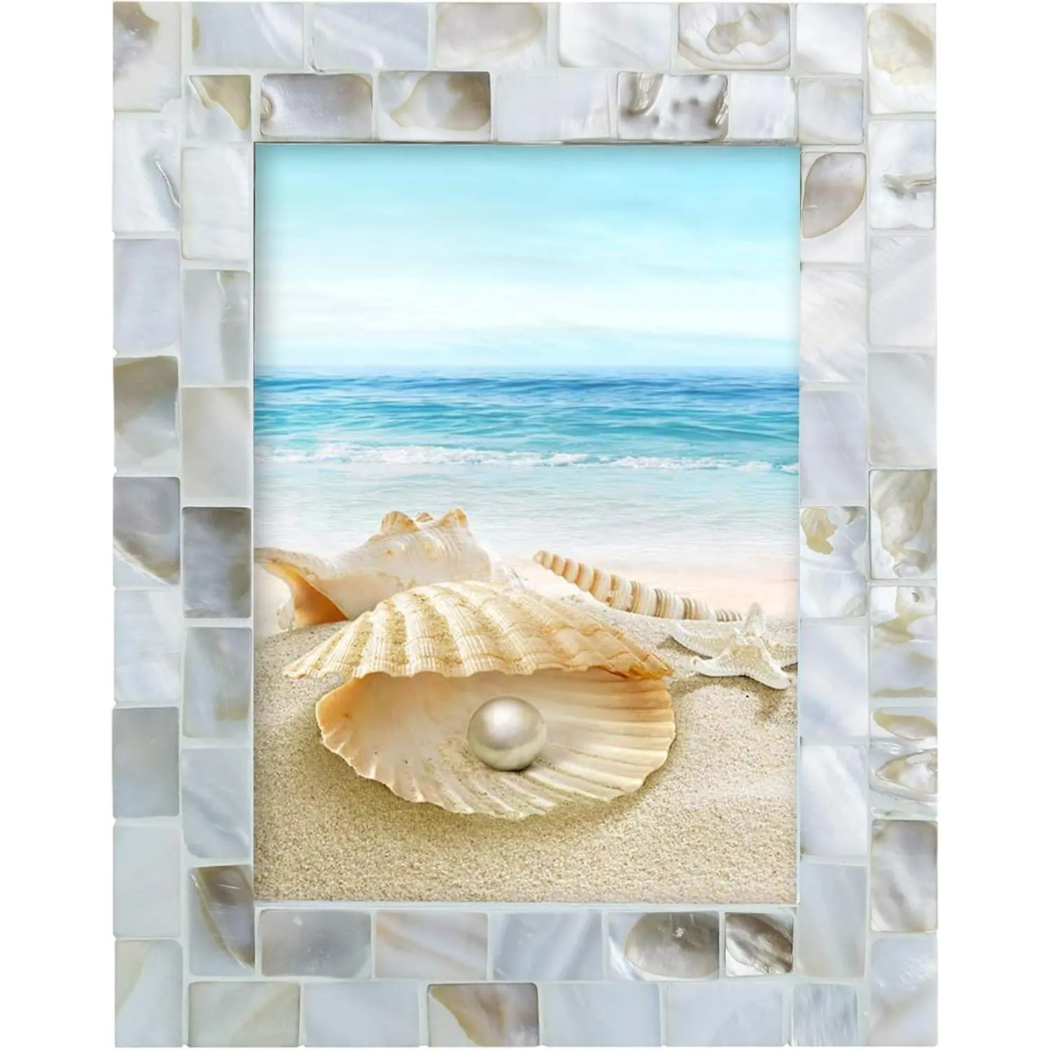 Handmade 5x7 Photo Frame, White Mother of Pearl Mosaic, Tabletop or Wall Hanging Display