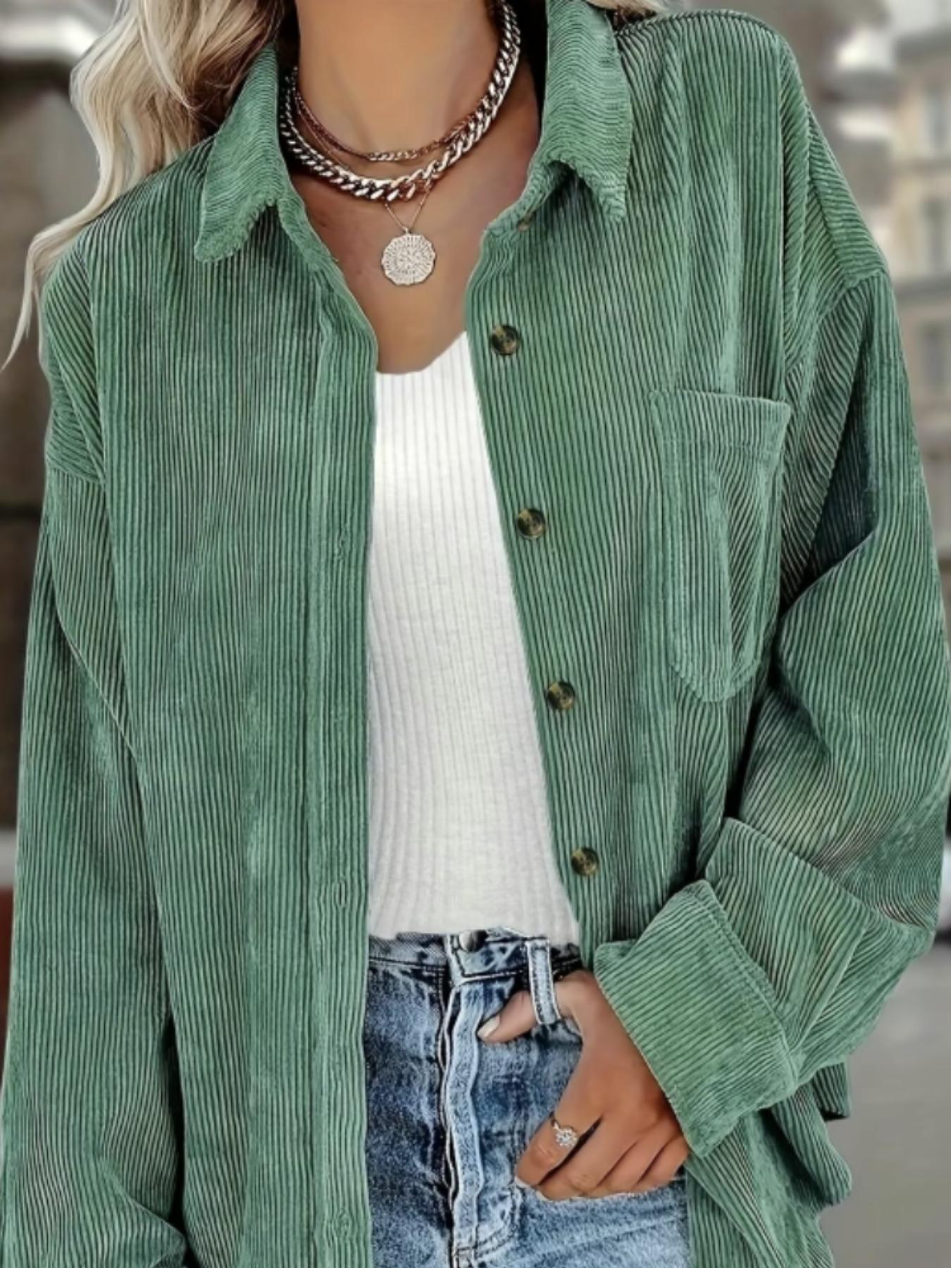 Women's Corduroy Button Collared Blouse Shirt With Pocket, Long Sleeve Loose Drop Shoulder Style For Spring & Fall