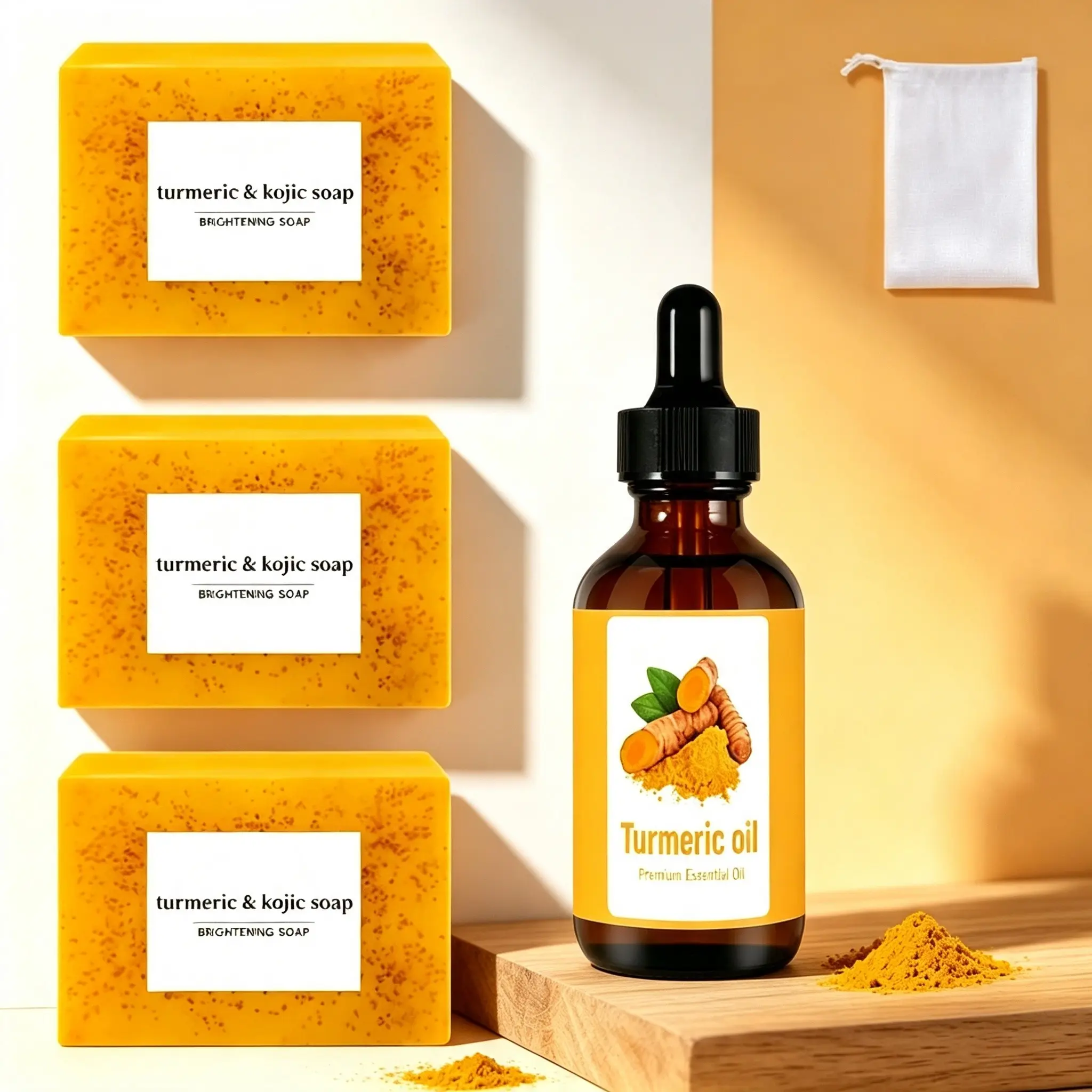 Natural Turmeric Skin Care Kit | Turmeric Kojic Brightening Soap + Turmeric Essential Oil, Face & Body Cleansing Set, Turmeric Radiance Set