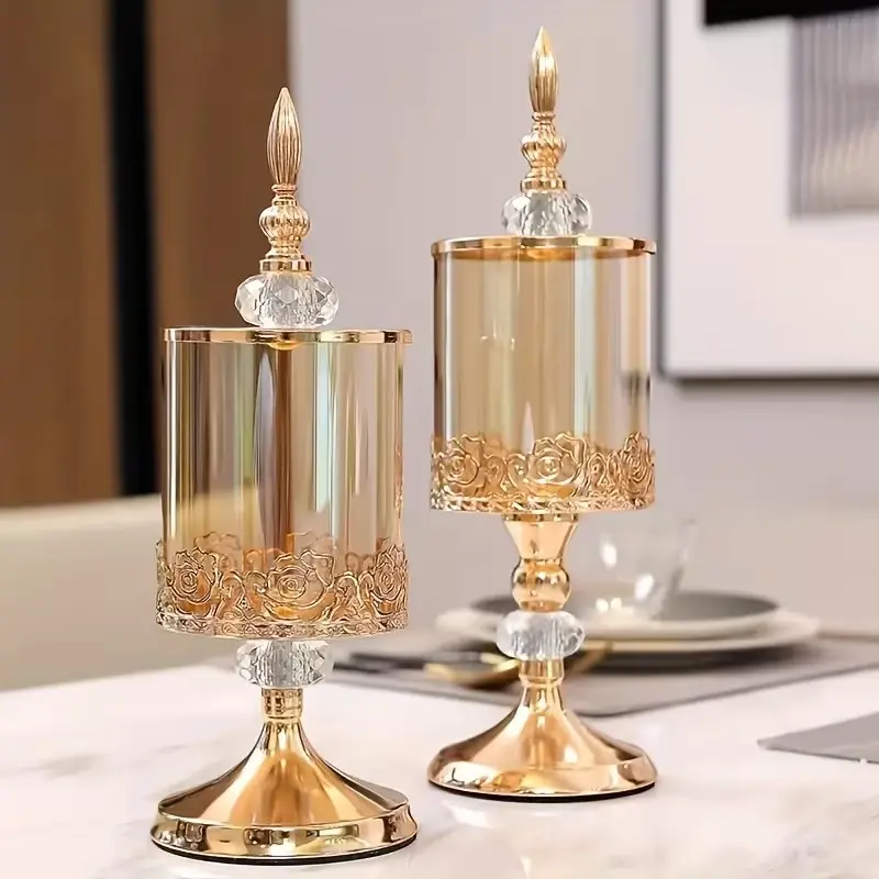 Vintage Elegant Glass Candy Jar with Lid, Gold Crystal Jar for Candy Buffet, Decorative Cookie Jar & Jewelry Box, Can Be Used as Wedding Centerpiece & Home Decor Accent, Lace Storage Ornament for Living Room Coffee Table