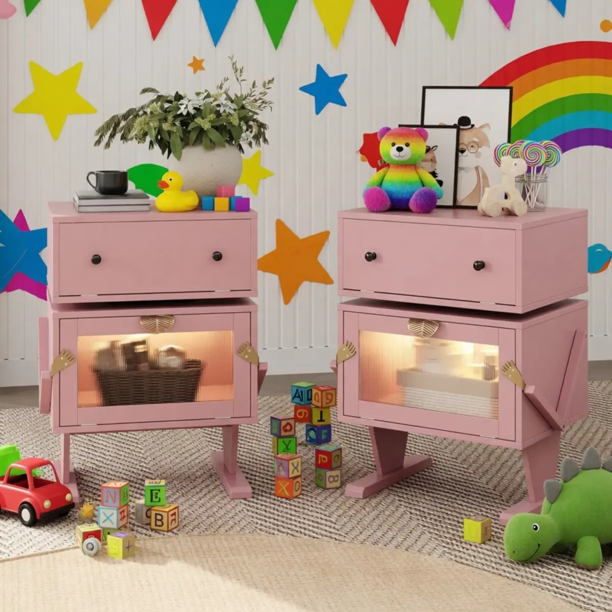 Summerwins Pink Robot LED Nightstand Bedside End Table - 20.7"w x 15"d x 26.8"h Narrow Modern Novelty Table with Remote Control, 360° Rotating Drawer for Kid Room, Indoor Use campingessentials