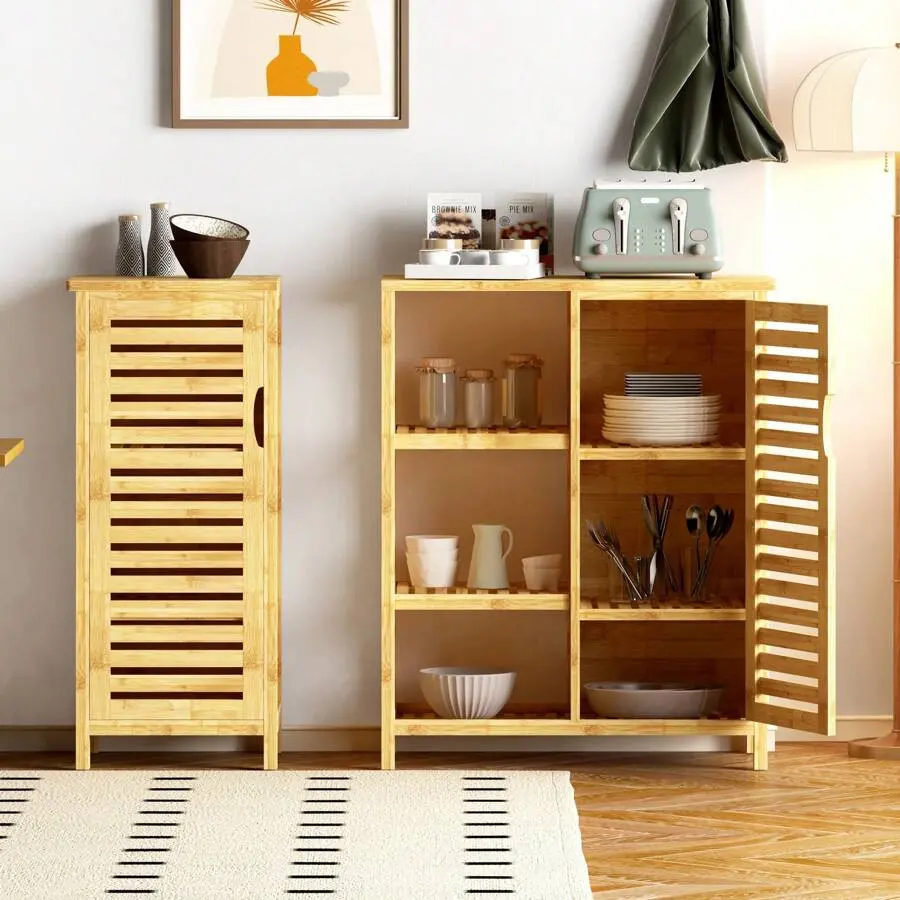 39" Storage Cabinet With Doors And Shelves, Functional 2-Door Storage Cabinet, Bamboo Storage Cabinet Living Room,, Bathroom Outdoor Decor