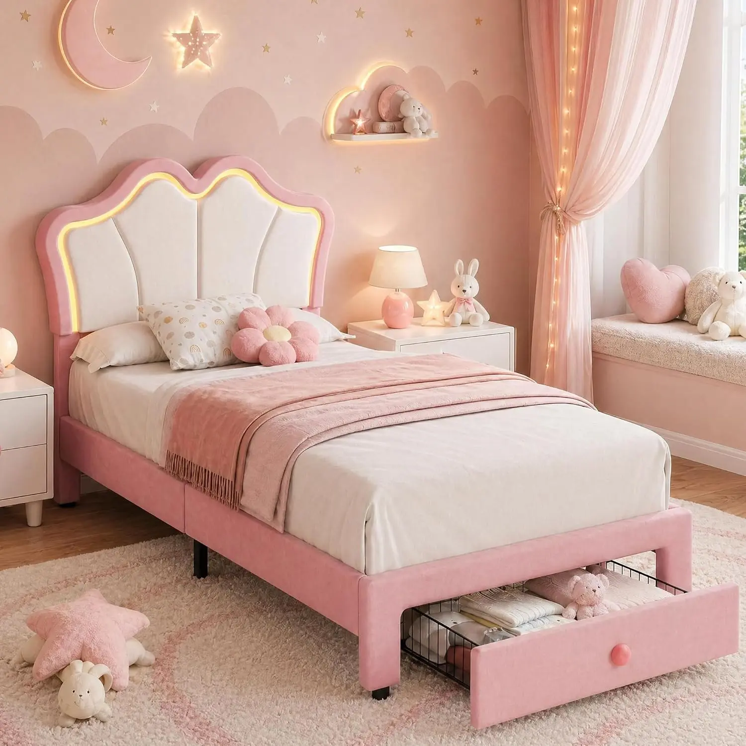 Velvet Upholstered Twin Bed Set with LED Headboard & Storage Drawer, No Box Spring Needed, Fits 8-10'' Mattress, For Girls or Kids Bedroom