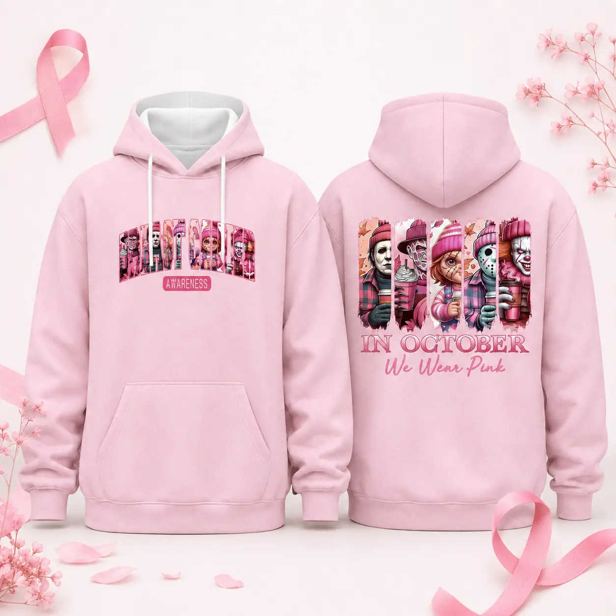 Unisex Pink In October We Wear Pink Funny Horror Movie Characters Graphic Hoodie, Breast Cancer Awareness Halloween Double‑Sided Print Hoodie, October Holiday Gift