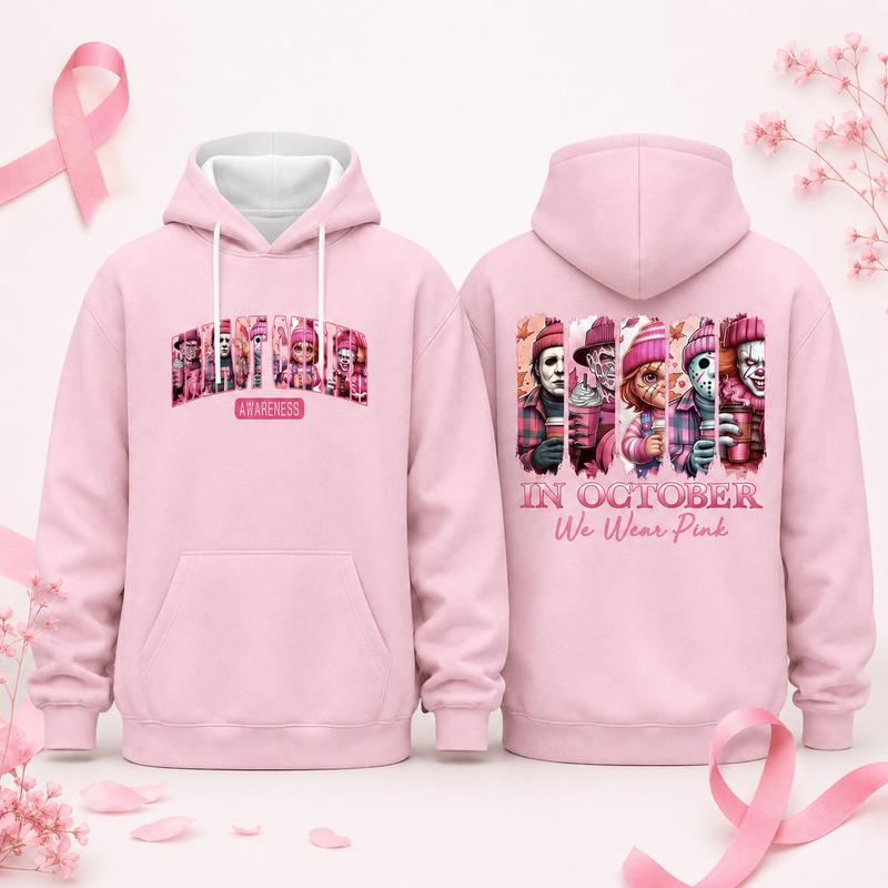 Women's Multi-Size Pullover Hoodie - Blush Pink, Halloween Horror Movie Character Print, Breast Cancer Awareness October Gift, Double-Sided Large Design, Novelty Loungewear