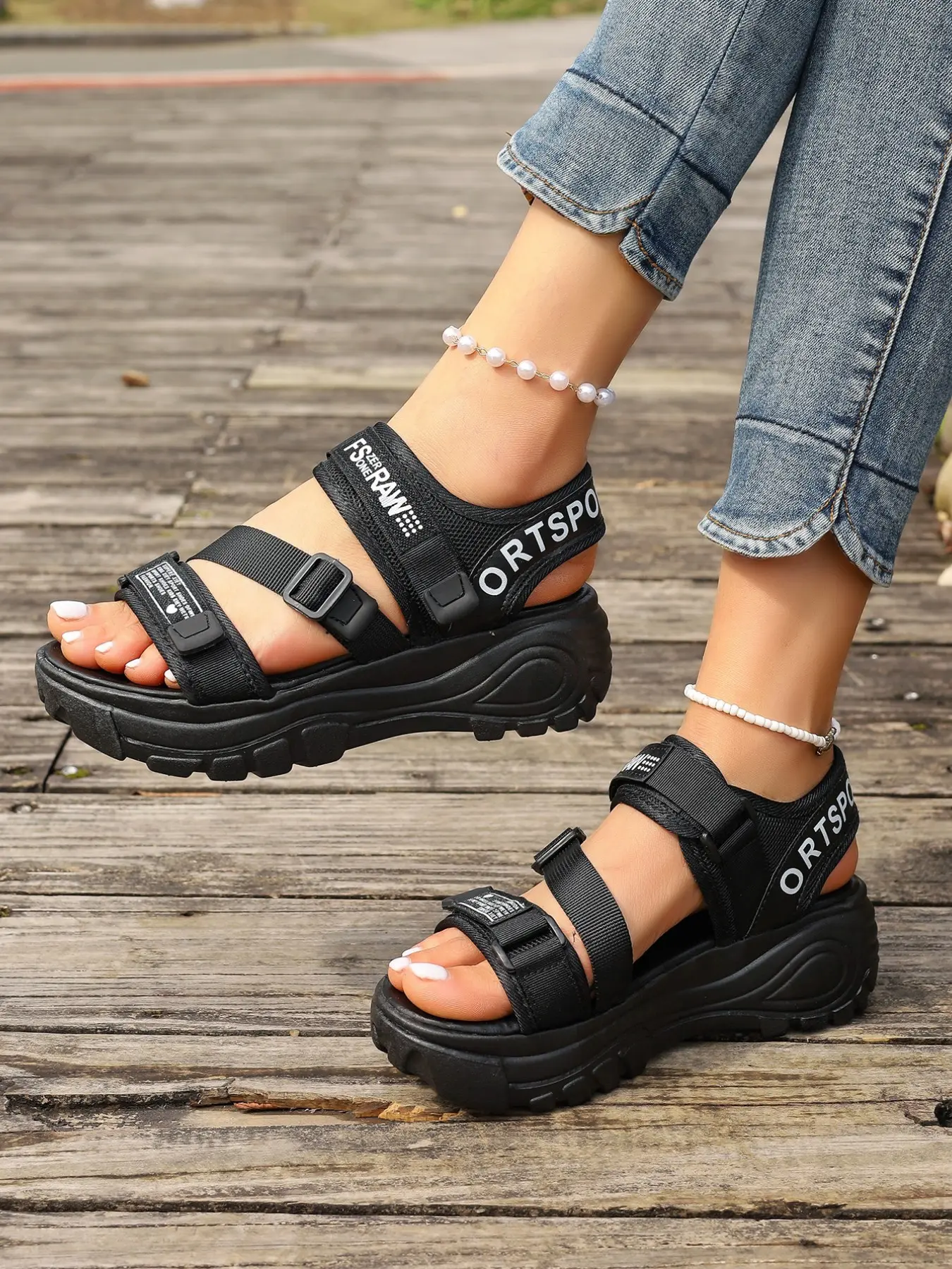Korean Style Letter Webbing Thick Sole Dad Sandals for Women, Summer Lightweight Anti-Slip Height Boost, Adjustable Strap, Casual Outdoor Footwear