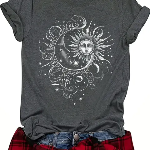 Artistic Sun and Moon Print Retro Style Streetwear Women's Summer Casual Chic Top Graphic Shirt Fitted Short Sleeve T-Shirt, Comfortable Breathable Fabric Fit S-Xxl, Tops