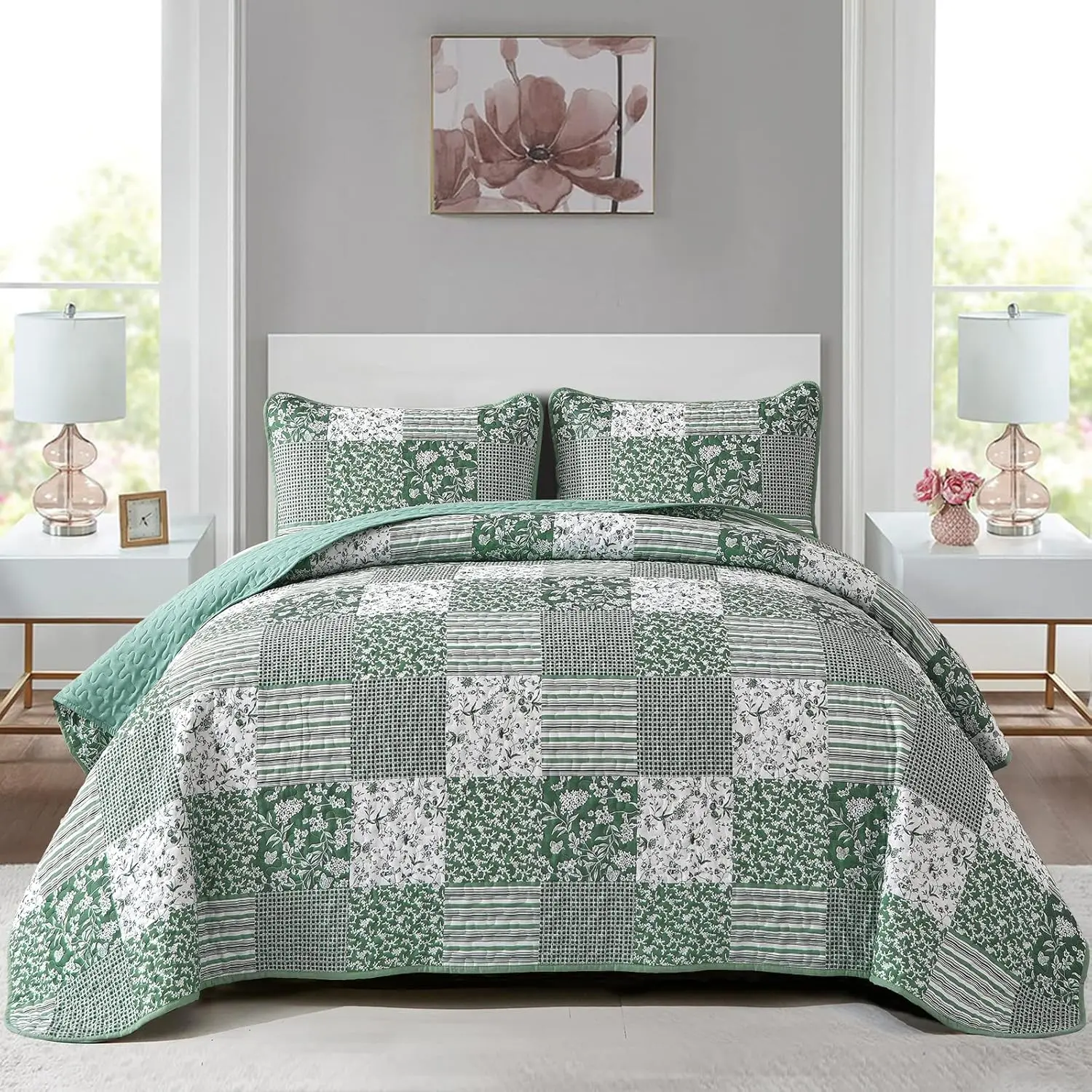 Green Boho King Set, 3-Piece Reversible Soft Floral Bedding Set with 2 Pillow Shams - Green King Size Bedspread Coverlet Set 90"x104"