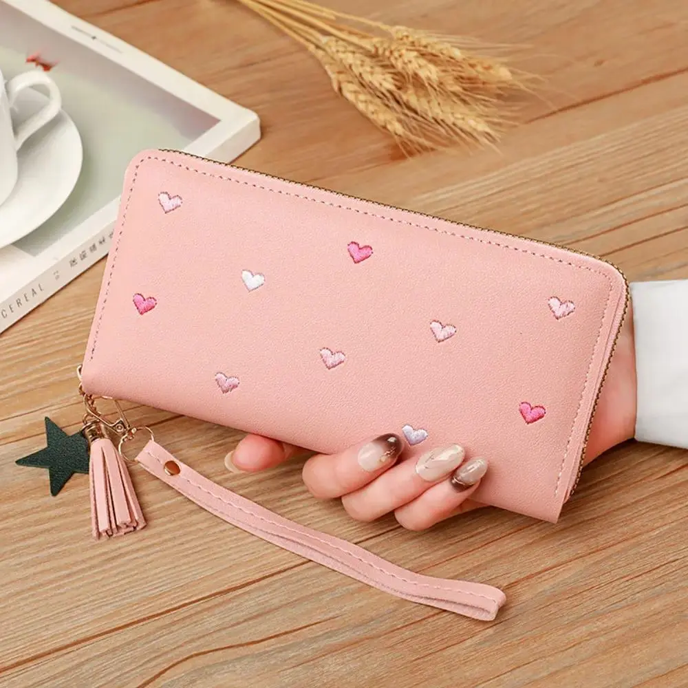 Women's Cute Embroidered Heart Long Zipper Wallet, Soft Faux Leather Wristlet with Star Tassel, Large Capacity Card Holder Clutch Purse, Stylish Organizer Wallet for Daily Use, Travel, Shopping & Gifts