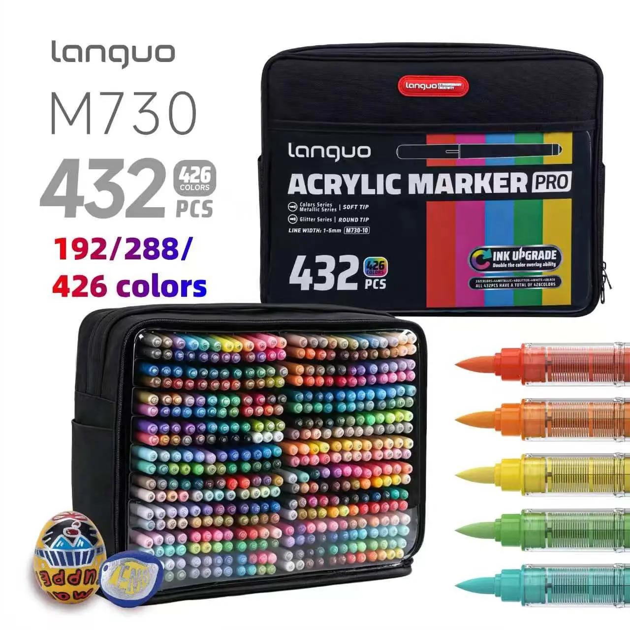Languo 192/288/426-Color Heavy-Duty Acrylic Markers with Large Capacity Ink 60% Coverage Increase 80% Color Fastness Soft 1-5mm Tips for Drawing Writing DIY Portable Canvas Storage Bag