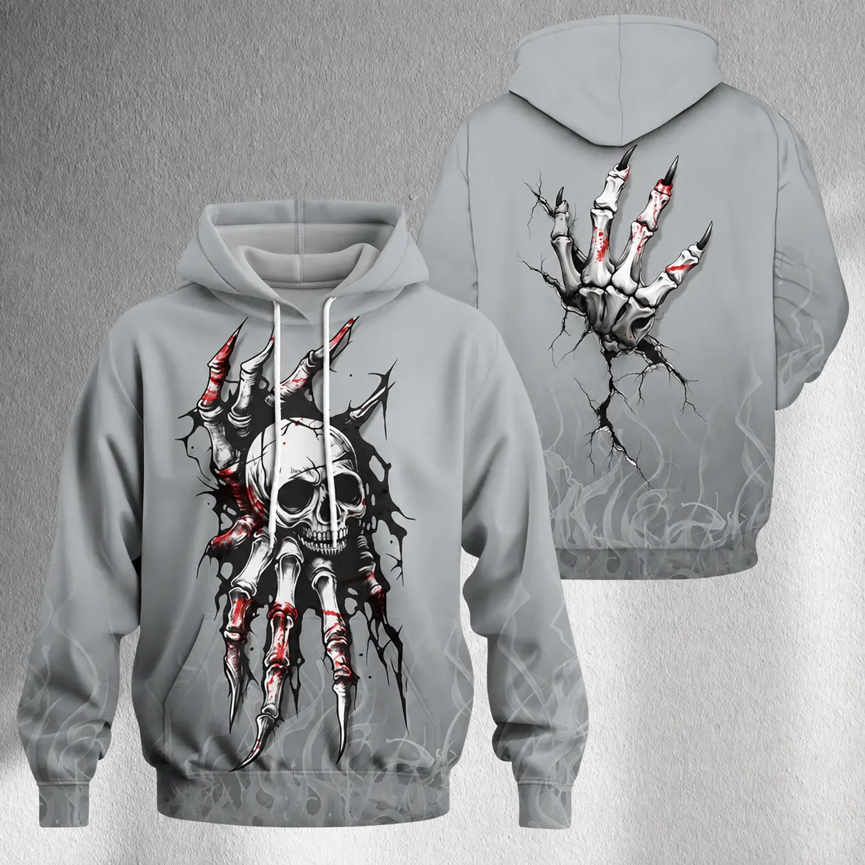 Skeleton Claw Skull Hoodie, Grey Horror Hand Ripping Through Pullover, Gothic Grunge Sweatshirt, Halloween Streetwear Gift for Men Women