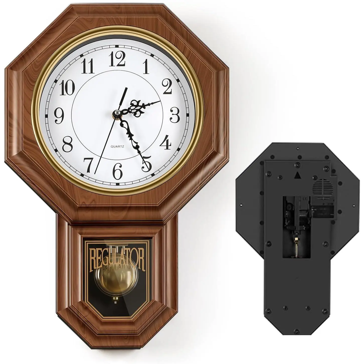 Sunexinlo Pendulum Wall Clocks Battery Operated,Regulator wall Clock with Pendulum,Vintage Decorative Grandfather Clock for Living Room,Bedroom,Kitchen,Office,Brown 11.8x17.7in