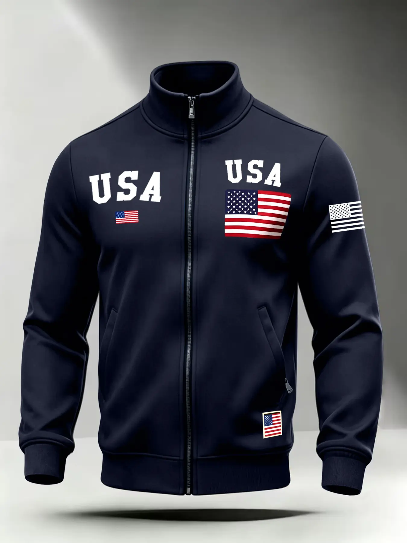 Men's Star Flag Print Stand Collar Sweatshirt Jacket, Casual Athletic Jacket, Loose Breathable Zipper Sports Top, Ideal Gift for Father, Fall & Winter