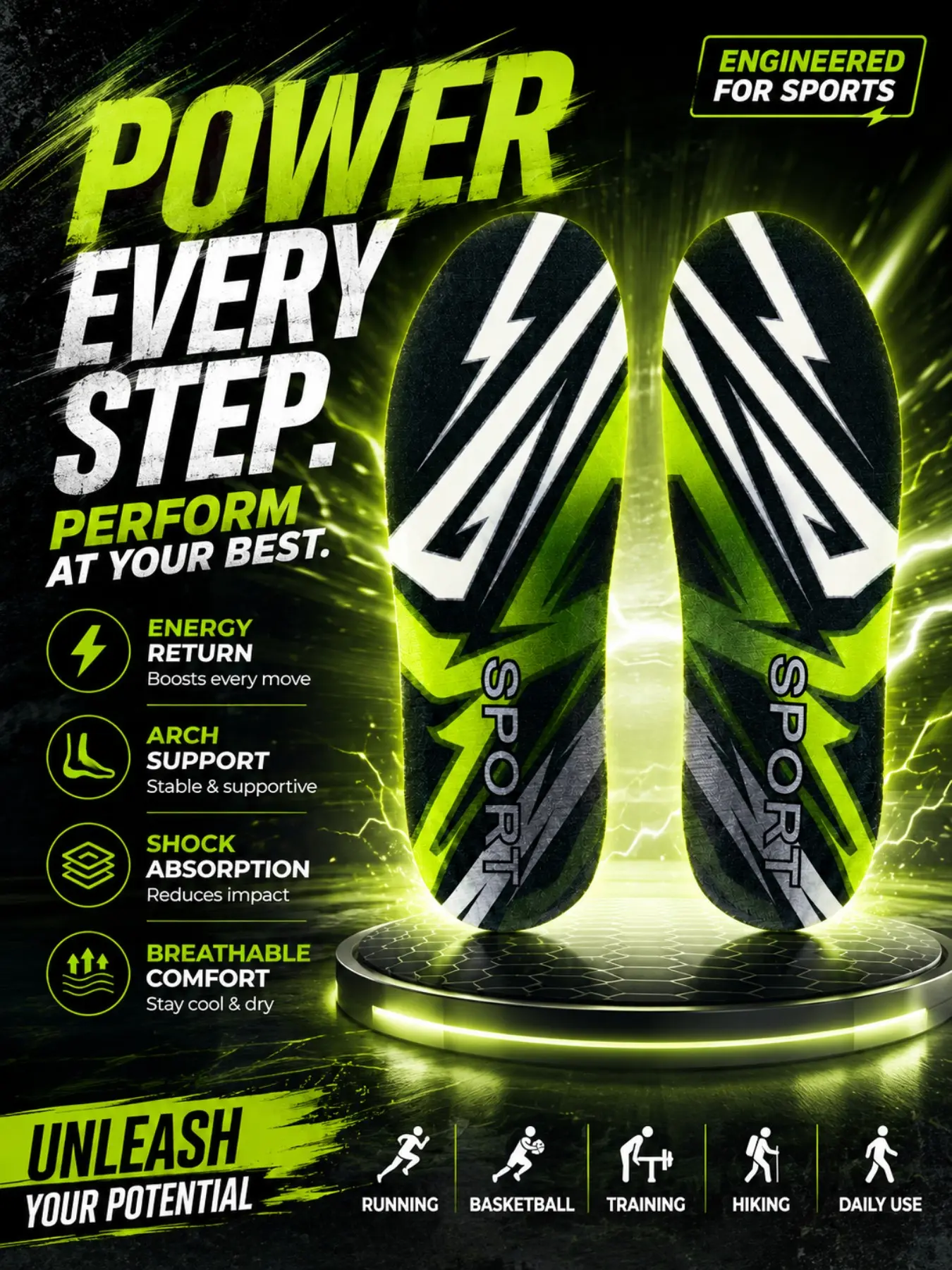 Professional Sports Shock Absorption Insoles, Comfy Insole, Shoe Inserts, Arch Support, Breathable Sweat-Wicking, Basketball Running Fitness Hiking, Anti-Fatigue