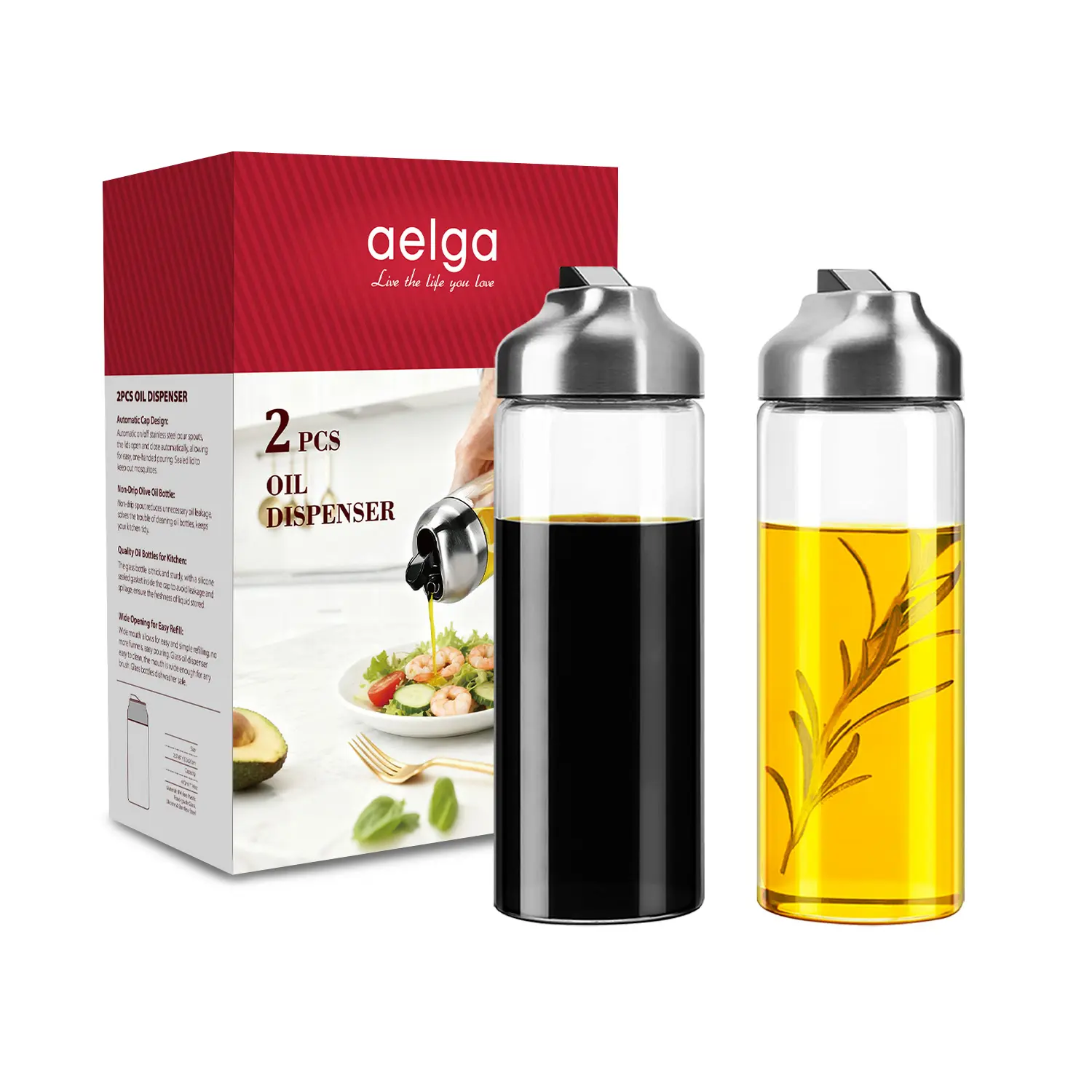 Thick Glass Oil and Vinegar Dispenser Bottles Set - 14 oz Wide Mouth, Stainless Steel Lids, Silicone No-Drip Kitchen Utensils, 2-Piece Olive Oil Containers for Kitchen