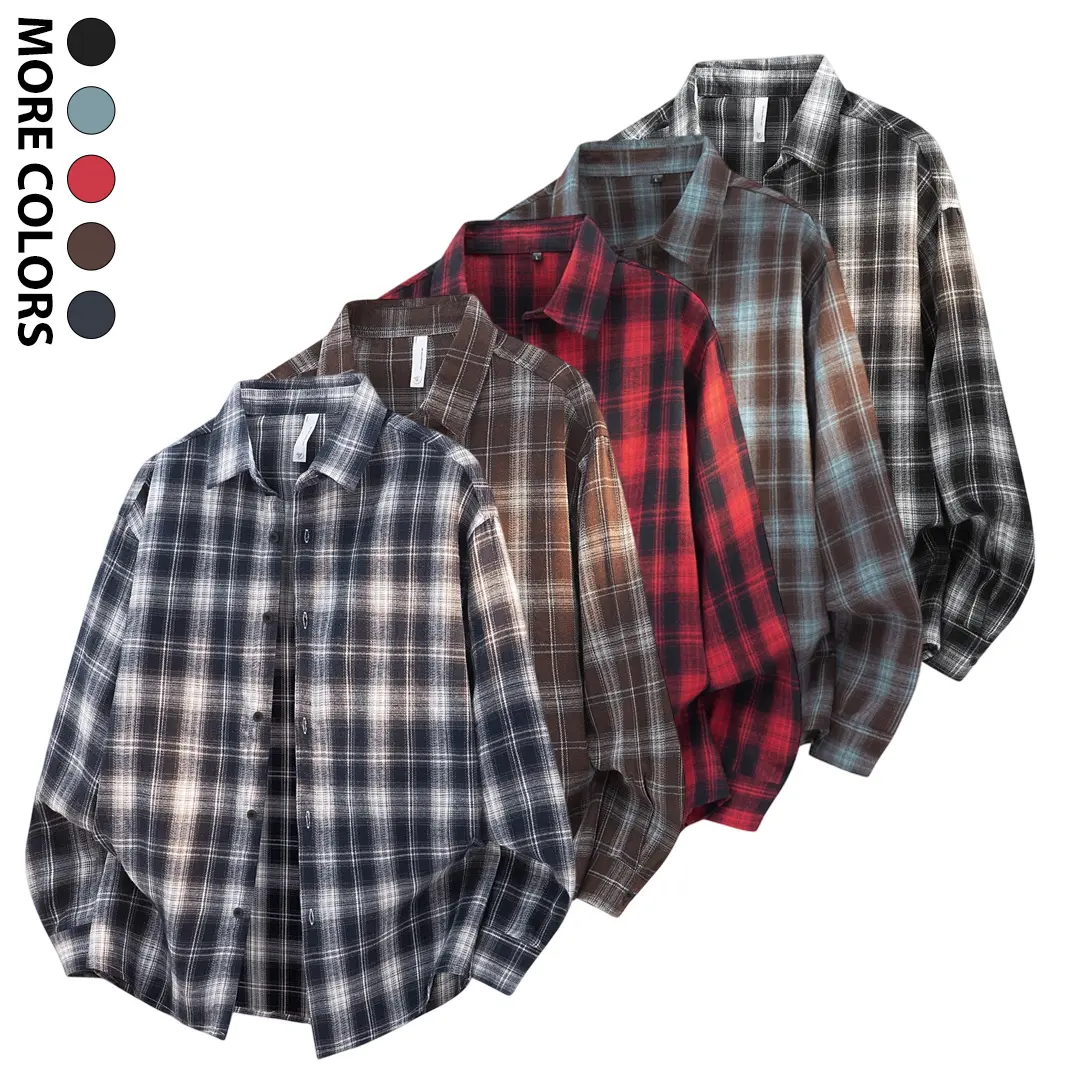 Men's Classic Checkered Vintage Washed Flannel Shirts - Minimalist Menswear Oversized Point Collar Longsleeves Button-Down Soft Brushed Faded Textured Casual Layering Tops for Spring Autumn Street Transition, Streetwear