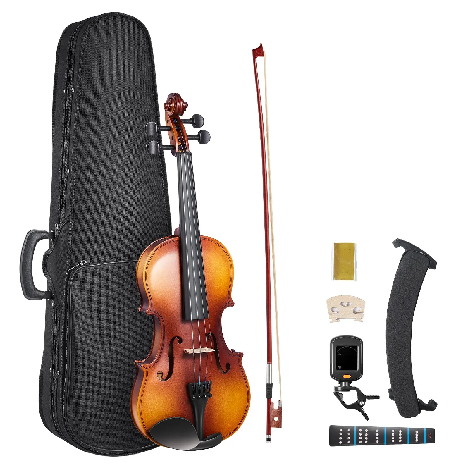 Violin 3/4 Size for Adults, Violin Fiddle Set for Beginners with Hard Case, Rosin, Bow, Shoulder Rest, Bridge, Tuner and Extra Strings, Professional Musical Instruments for Student (Brown)