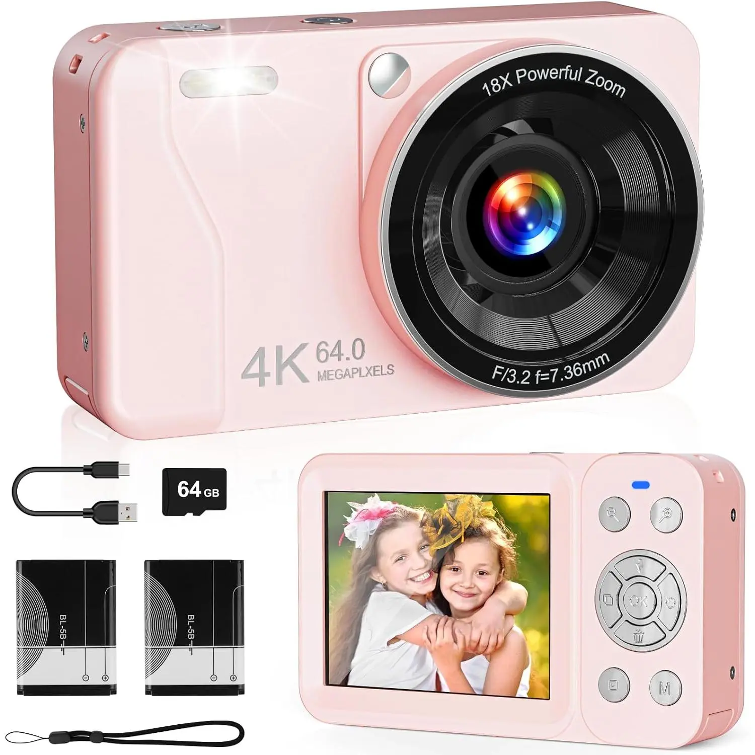 4K 64MP Digital Camera Point and Shoot, 18X Zoom,  | Rechargeable Compact Camera with 64GB SD Card & 2 ,   for  Teens Adults