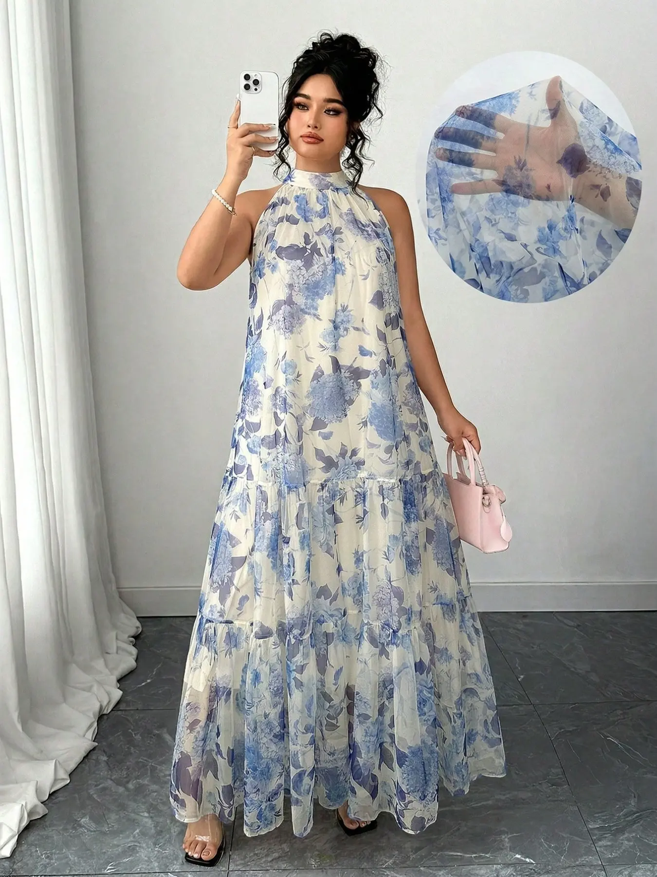 Elegant Floral Chiffon Halter Dress for Women, Tiered Maxi Skirt, Perfect for Special Occasions and Summer Beach