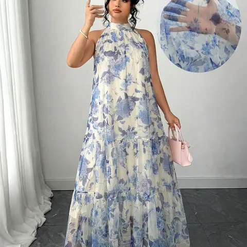 Elegant Floral Chiffon Halter Dress for Women, Tiered Maxi Skirt, Perfect for Special Occasions and Summer Beach