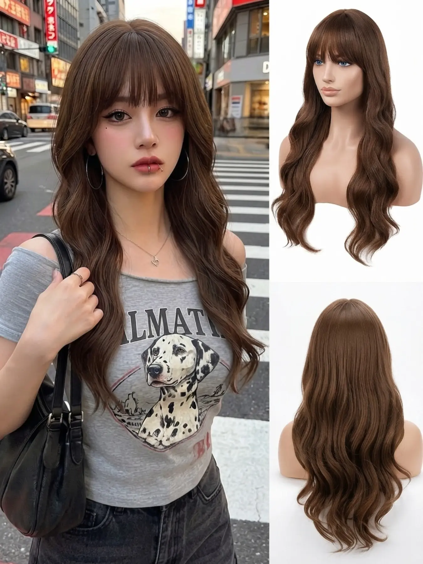 Luxury Chocolate Brown Long Wavy Wig with Wispy Bangs | Glueless Heat Resistant Synthetic Full Machine Made Wig for Women | Natural Looking Daily Wear or Cosplay Party Style | Breathable and Soft Touch Full Head Hairpiece Synthetic Wigs