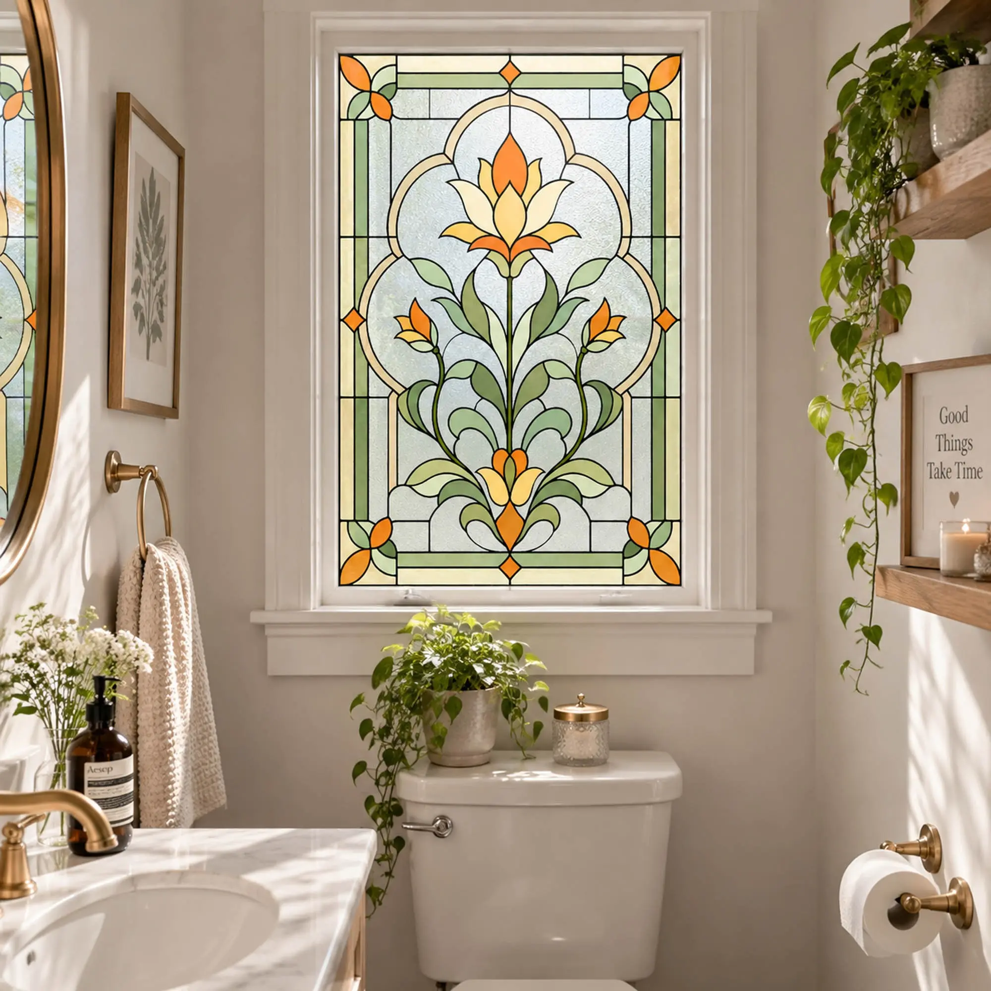 Floral Stained Glass Window Cling 38x58cm, Static Cling No Glue, Decorative Window Film for Bathroom Kitchen Door Glass Flower