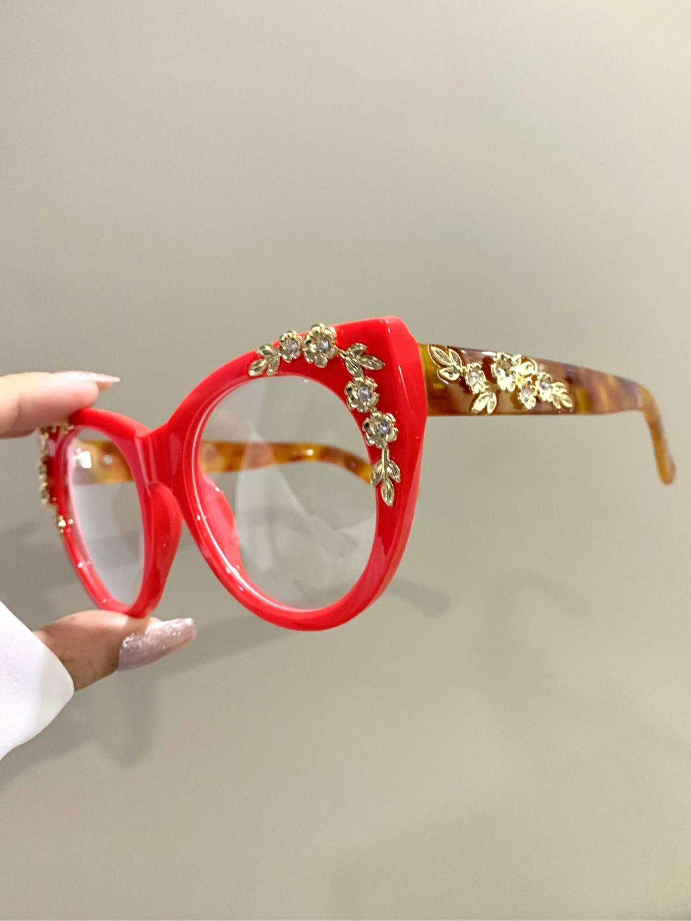 Women's Elegant Leopard & Flower & Rhinestone Decor Eyeglasses, Trendy Casual Cat Eye Frame Eyeglasses for Everyday Use, Fashion Accessories for Women & Girls, Leopard Pattern Eyeglasses, Stylish Glasses, Stylish Trendy Eyewear