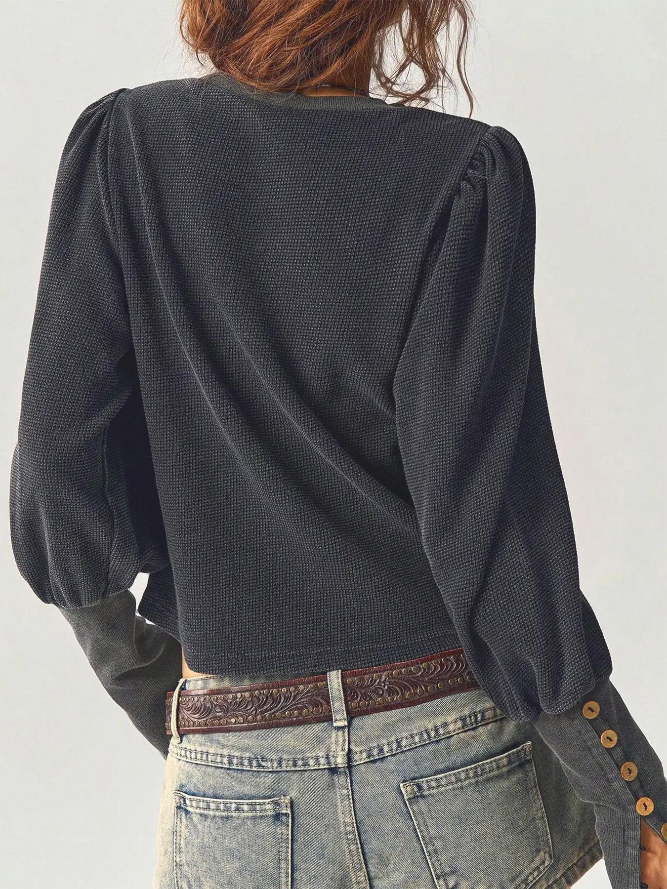 Women's Solid Color Button Decor Basic Tee, Casual Long Sleeve Round Neck Jumper T-shirt for Spring & Fall, Fashion Women's Clothes for Daily Wear, Tops