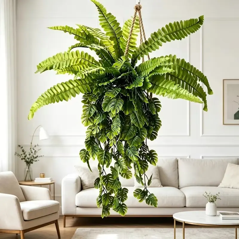 3-Piece Artificial Hanging Plant Set, Fern & Monstera Vines Leaf, Low Maintenance, Ideal for Balcony, Home, Office, Indoor/outdoor Decor, Artificial Fake Plants
