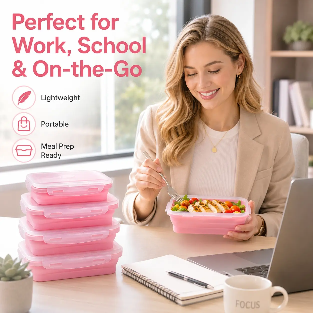 4PCS Foldable Silicone Lunch Box Set, Pink FDA Standard Food-Grade Collapsible Bento Containers with Clip-Lock Lid & Steam Vent, Microwave Fridge Freezer Safe, BPA-Free Leak-Resistant Reusable Meal Prep Food Storage for Work School Travel Kitchen
